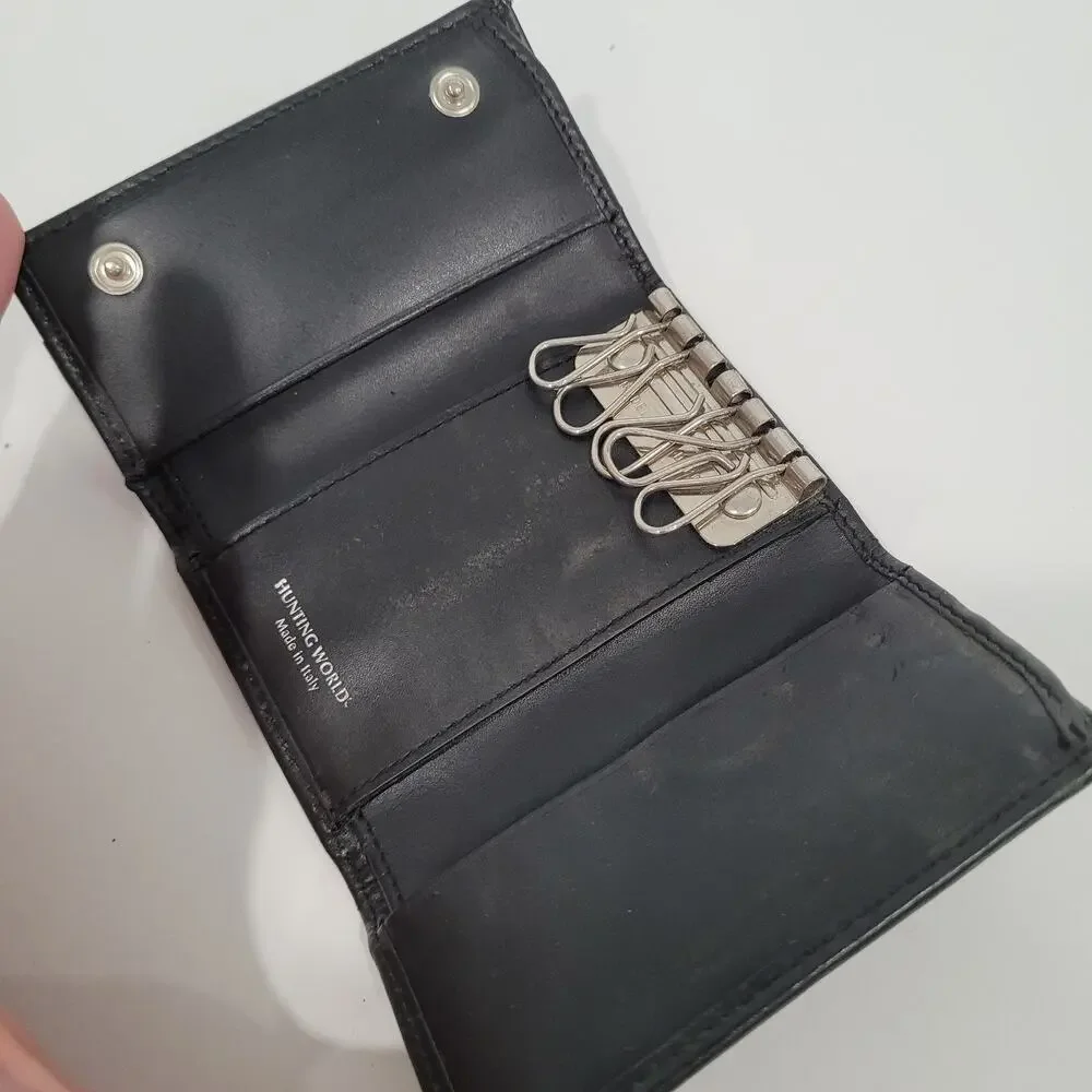 Hunting World‎ Key Case Hooks Holder Wallet Logo Black Trifold Leather Italian